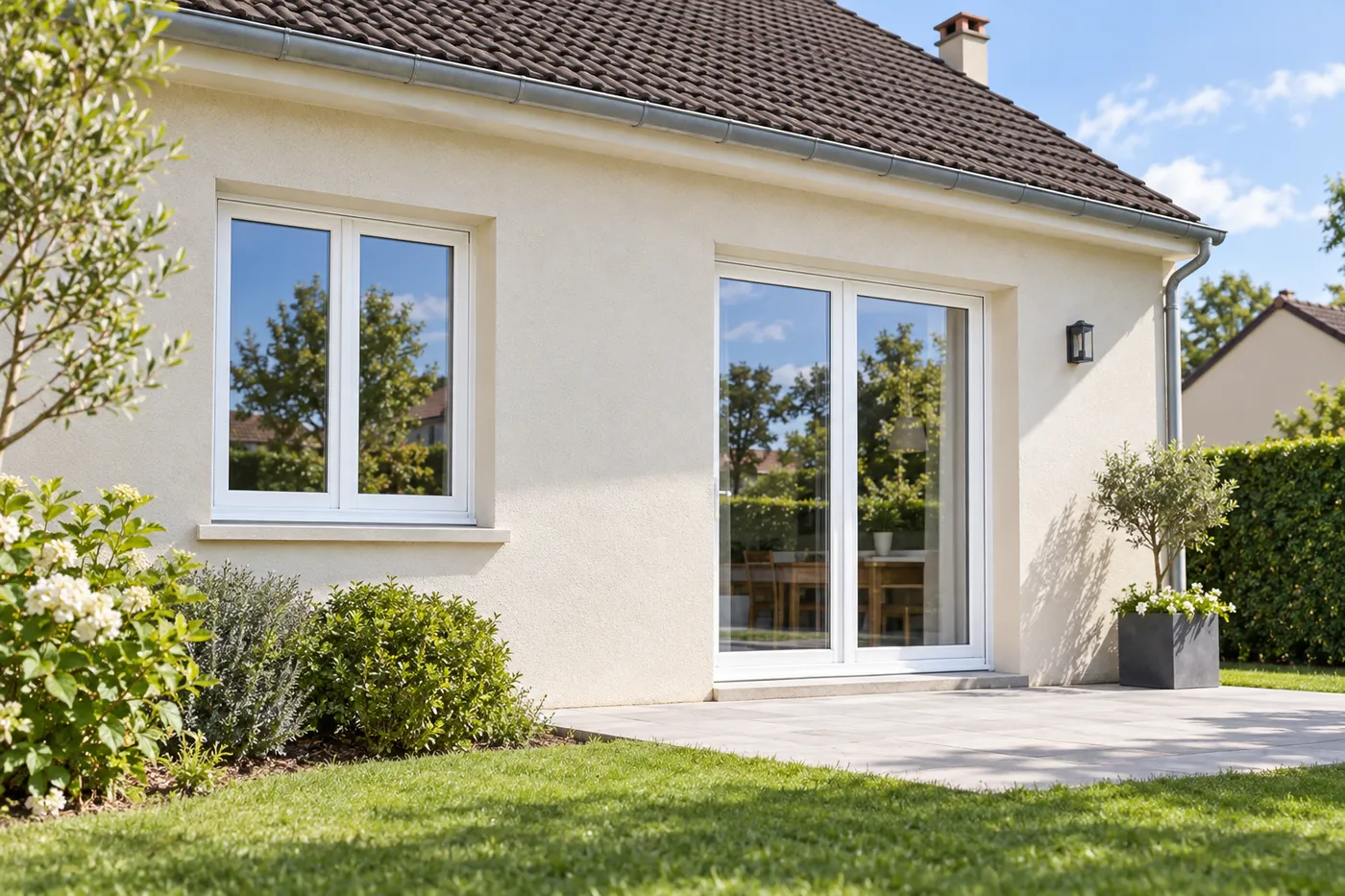 Façade de pavillon avec fenêtre et porte-fenêtre équipées de double vitrage neuf