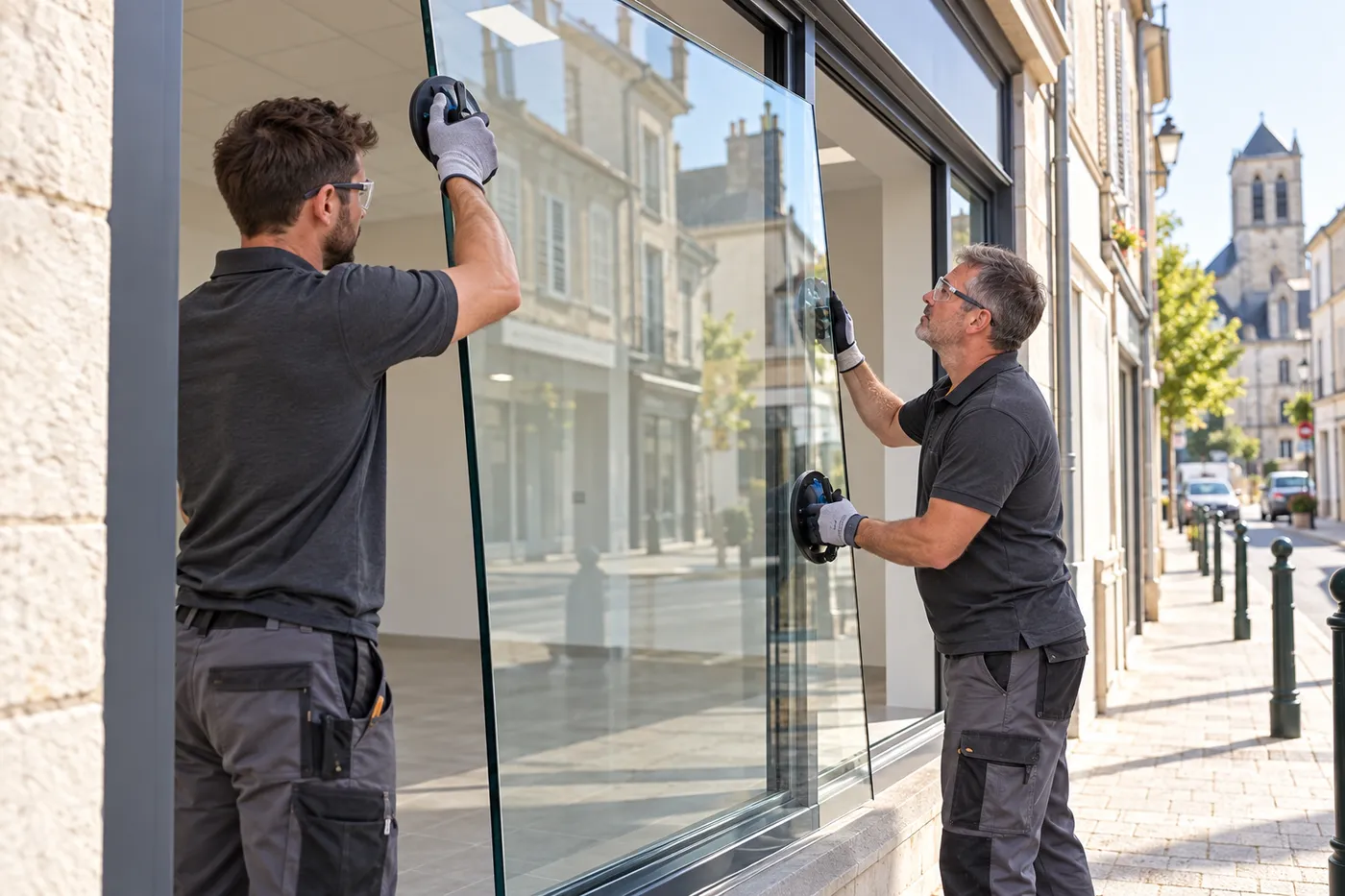 Deux vitriers posant un grand panneau de verre à ventouses dans la devanture d'un commerce