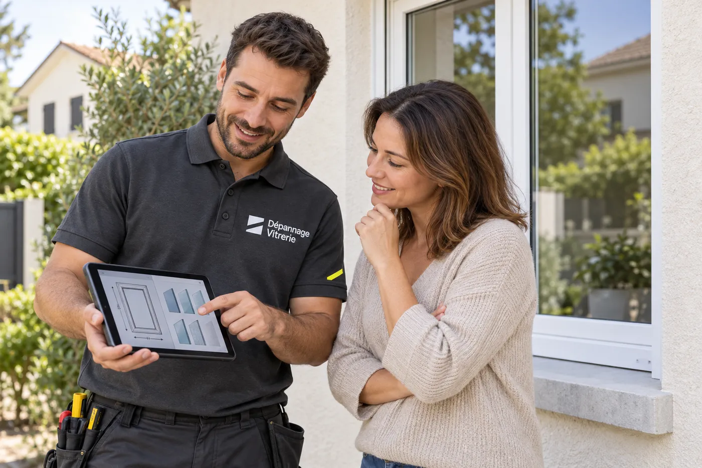 Vitrier en polo Dépannage Vitrerie présentant à une cliente les cotes et les options de vitrage sur une tablette